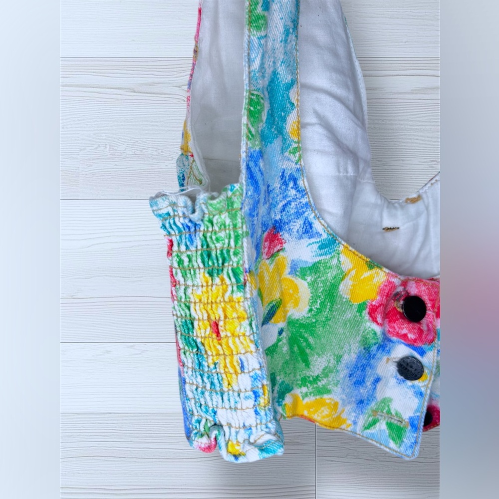 BREAKER JEANS Womens Vintage 80’s Spring Floral Print Bustier Denim Crop Top. - Picture 6 of 10